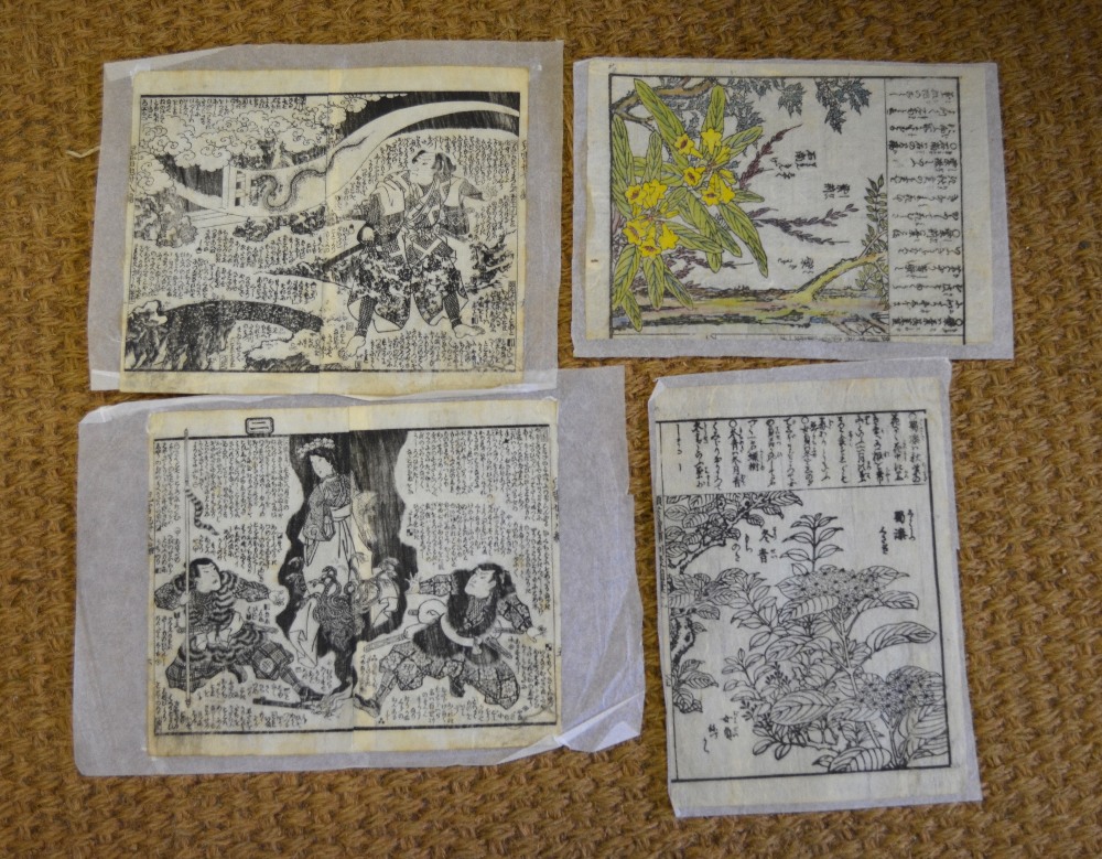Portfolio of Japanese woodblock prints, some on rice paper, monochrome and coloured, mostly 19th