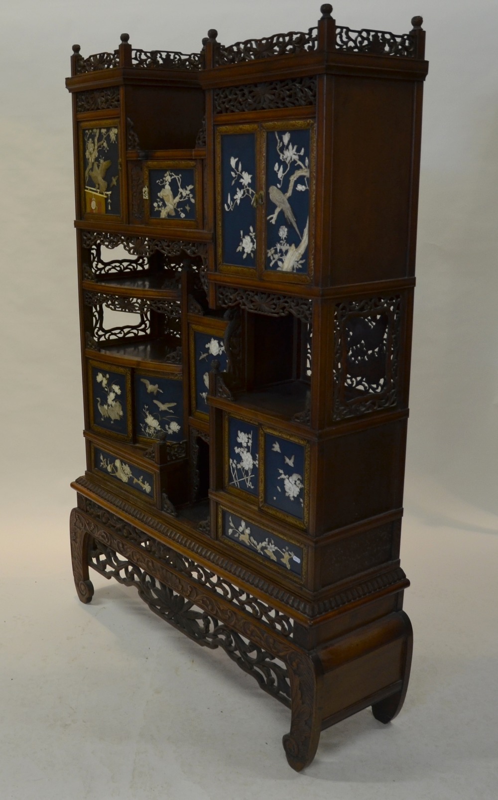 A Japanese open display cabinet comprising five cupboards above two small drawers, the doors both - Image 7 of 9