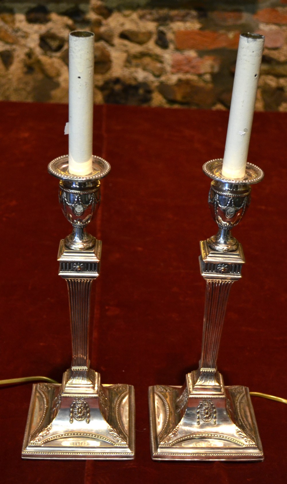 A pair of electroplated neo-classical-style candlestick lamps with fluted pillars and square - Image 2 of 2