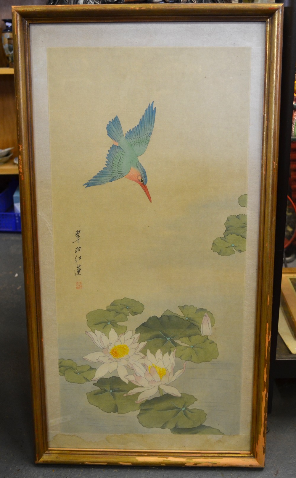 Four Chinese paintings on silk each depicting a songbird, flowers, foliage, blossom and calligraphy,