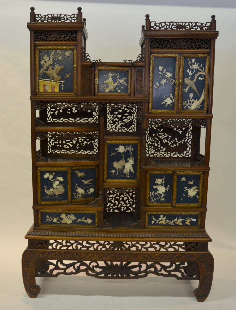A Japanese open display cabinet comprising five cupboards above two small drawers, the doors both - Image 9 of 9