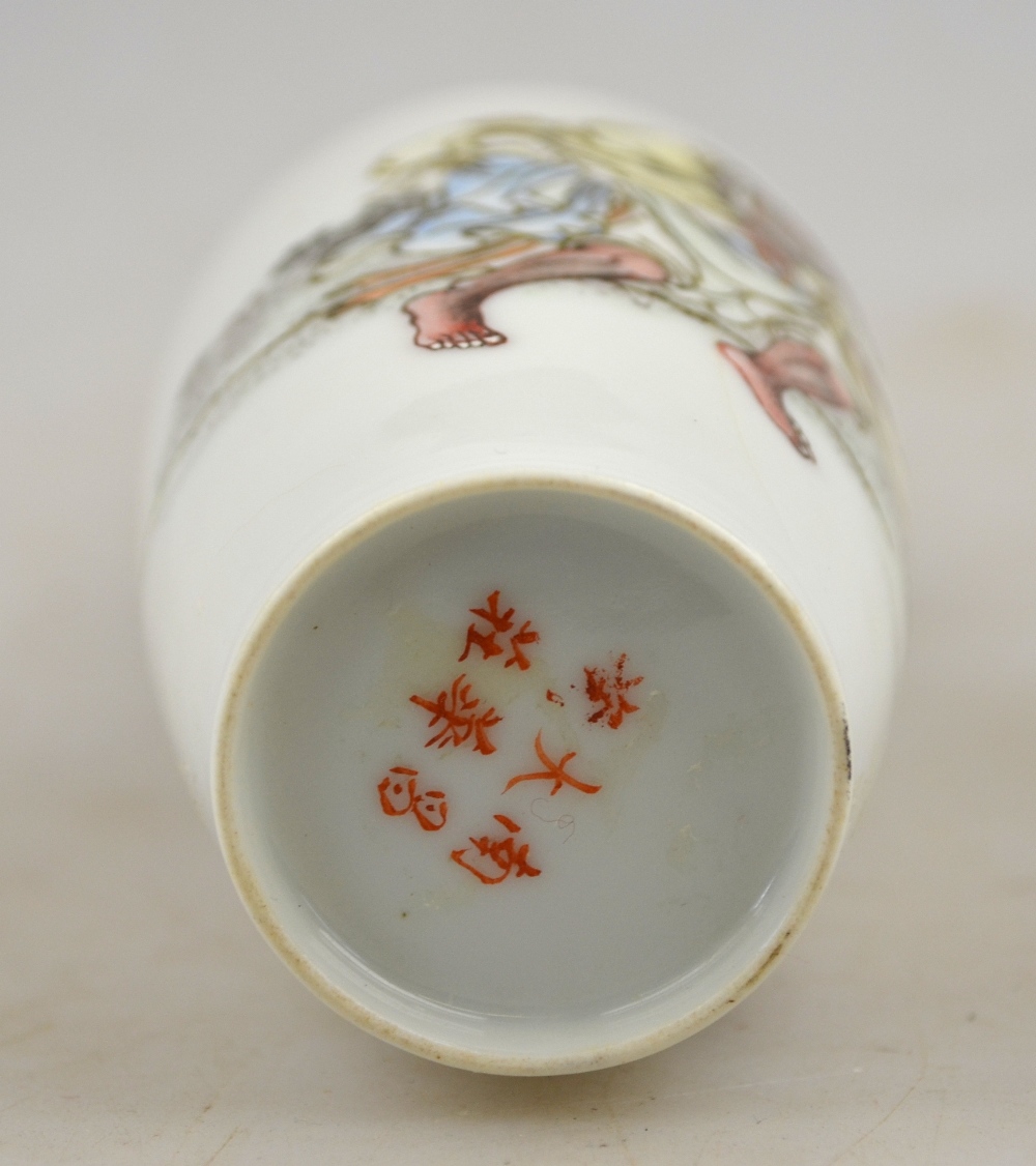 A small Chinese famille rose baluster vase decorated with an old man, bird and calligraphy, six - Image 3 of 3