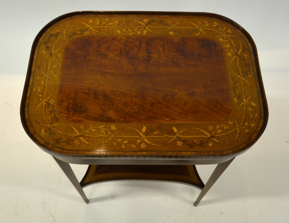 A Sheraton Revival inlaid satinwood and satin walnut tray top centre table, the tapering square legs - Image 2 of 7