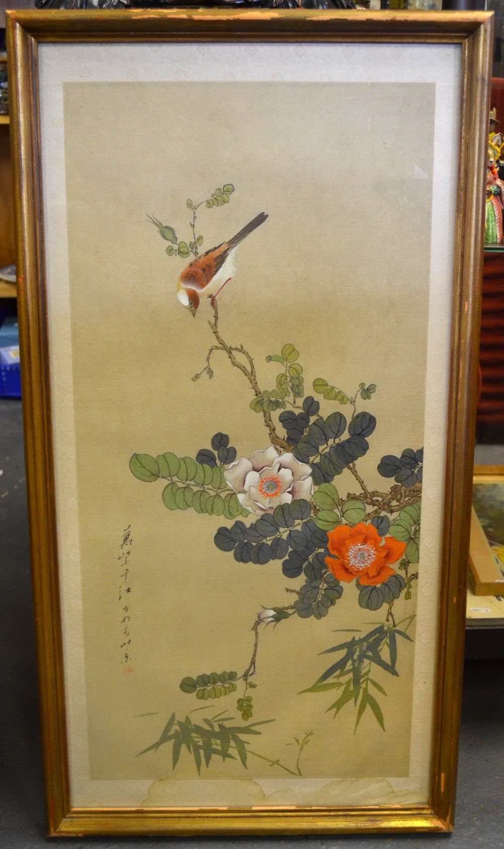 Four Chinese paintings on silk each depicting a songbird, flowers, foliage, blossom and calligraphy, - Image 6 of 12