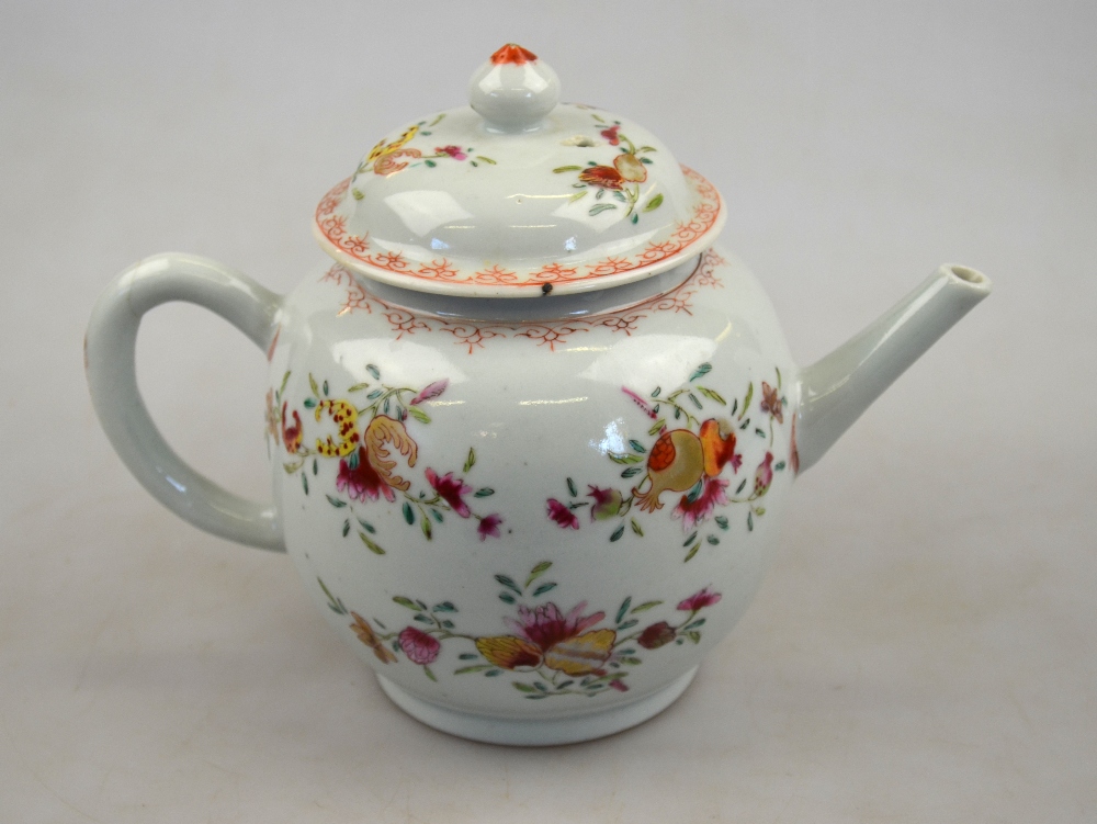 A Chinese famille rose spherical teapot painted with floral, foliage and pomegranate sprays, 18th - Image 2 of 3