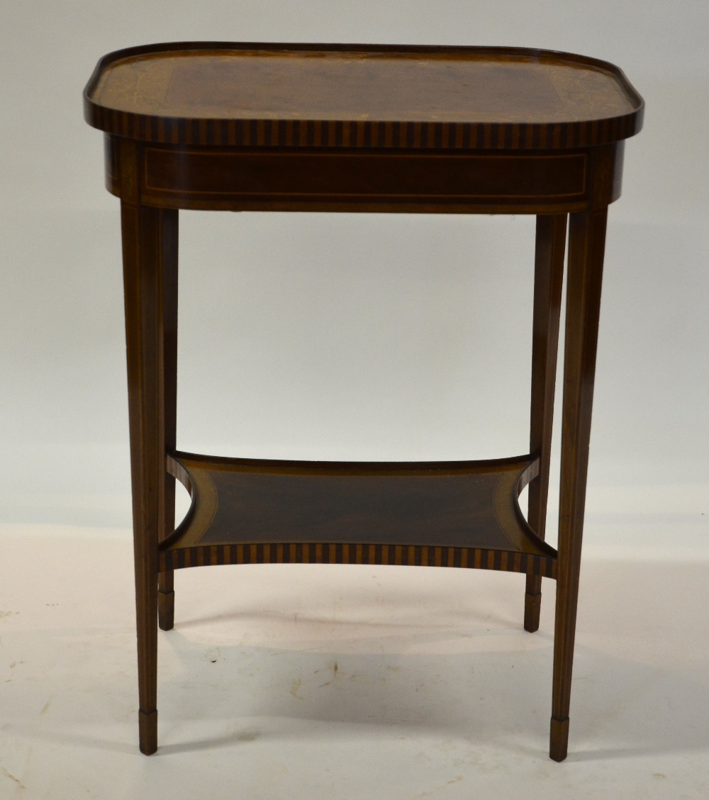 A Sheraton Revival inlaid satinwood and satin walnut tray top centre table, the tapering square legs