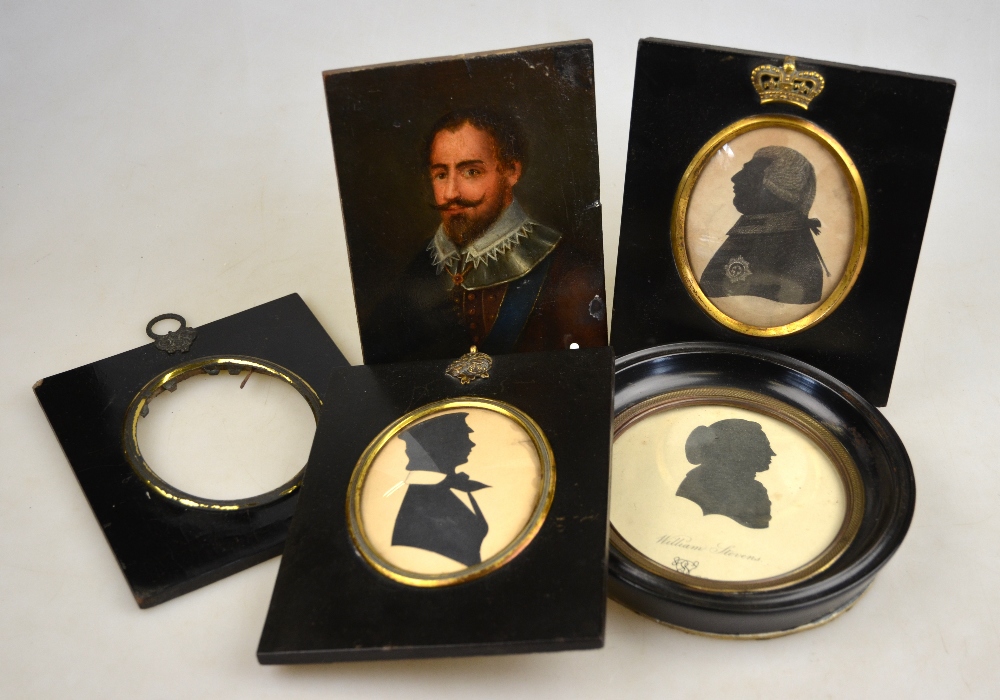 A 19th century miniature oil painting on panel, portrait of Sir Walter Raleigh, to/w four various