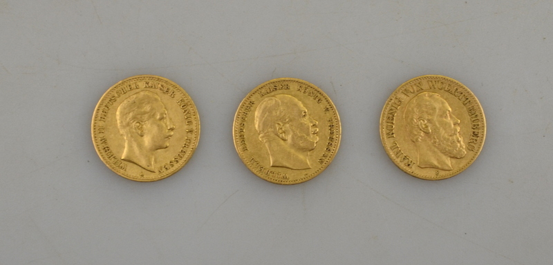 Three Prussian gold 10 mark coins - 1872, 1878, 1905