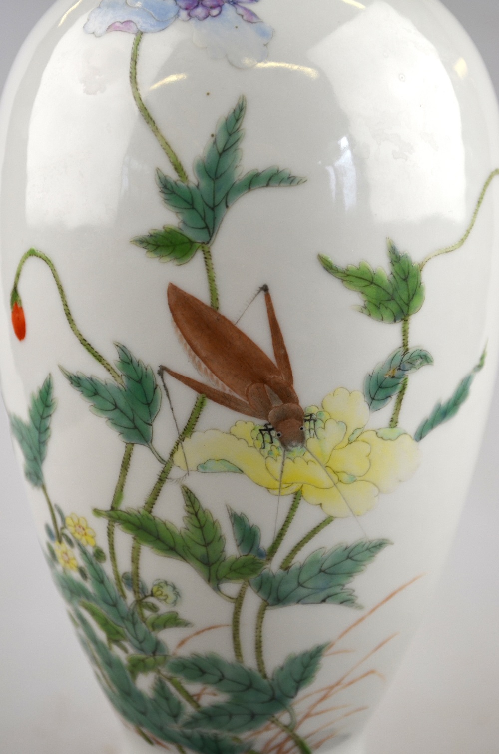 A Chinese famille rose ovoid vase decorated with a cricket, flowers and foliage, four character - Image 3 of 3