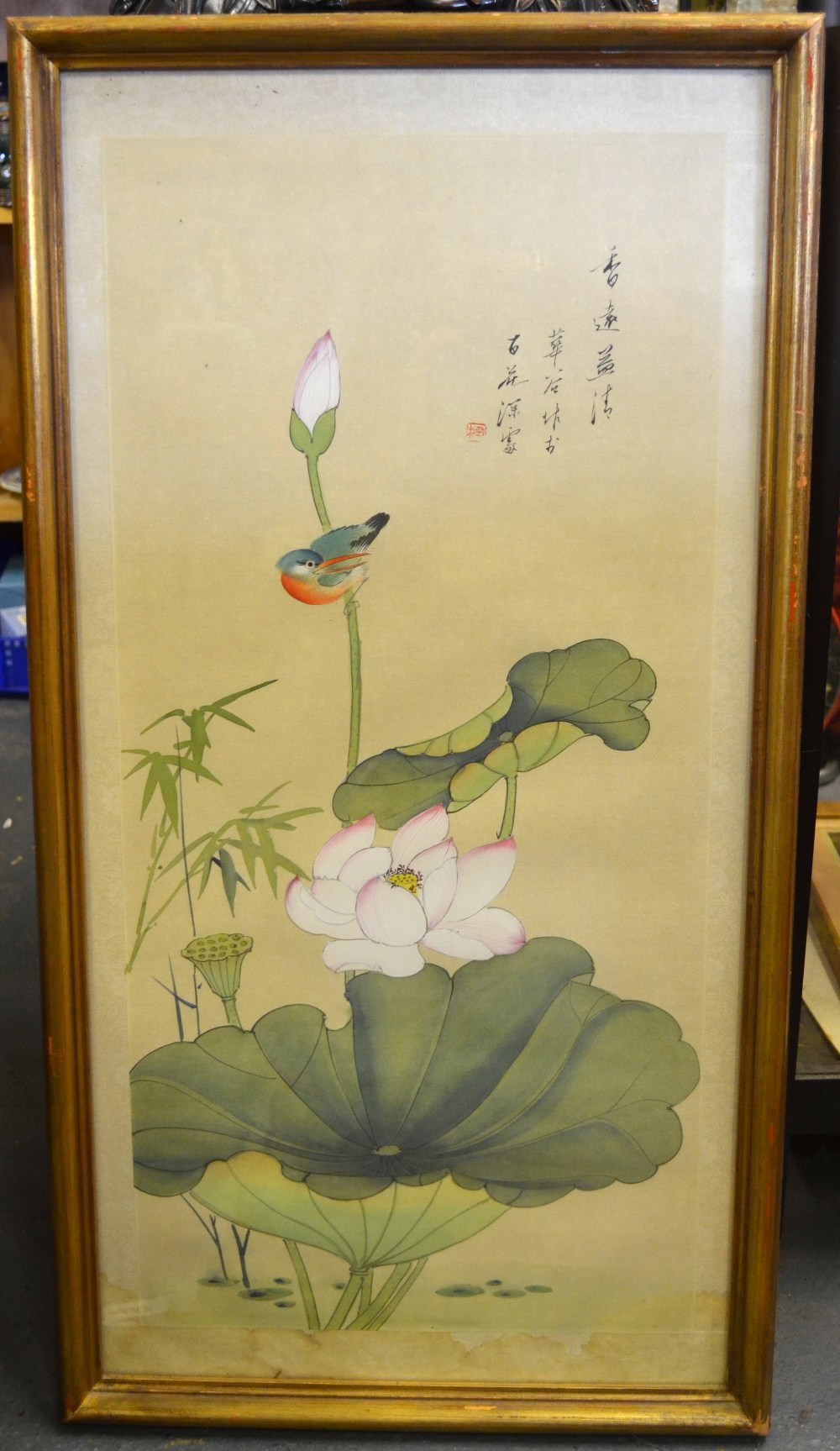 Four Chinese paintings on silk each depicting a songbird, flowers, foliage, blossom and calligraphy, - Image 9 of 12