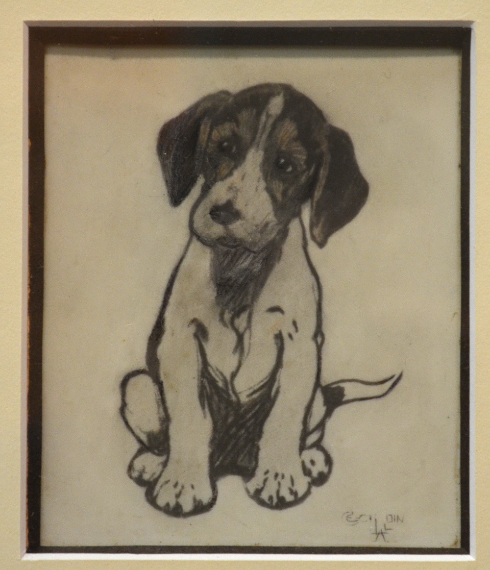 Cecil Aldin - A seated hound puppy, print on ivorine, signed lower right, 11 x 9.5 cm, original