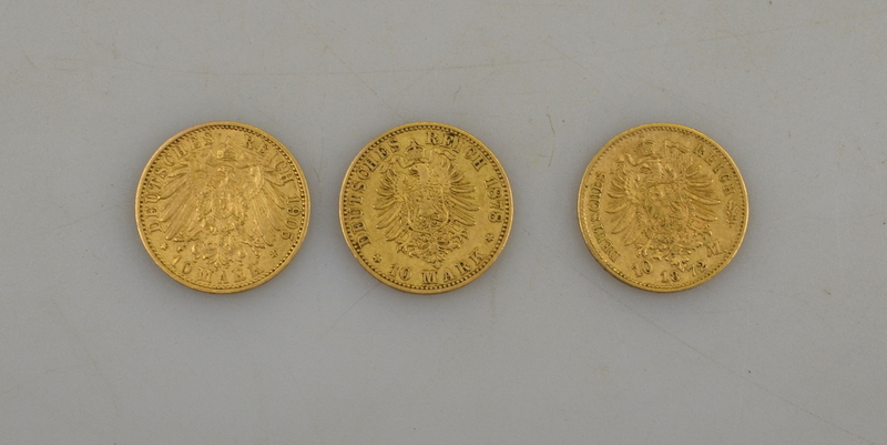 Three Prussian gold 10 mark coins - 1872, 1878, 1905 - Image 2 of 2