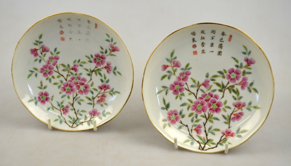 A pair of Chinese famille rose saucers decorated with blossom and calligraphy, six character seal