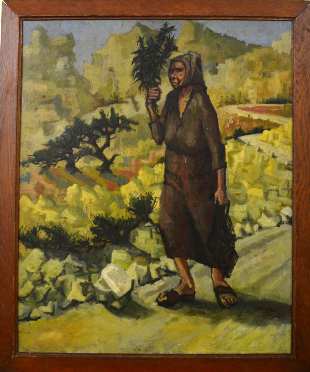 Manner of Irma Stern - Female figure carrying foliage, on a rocky track, oil on board, bears - Image 2 of 4