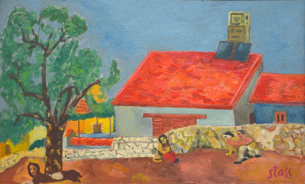 Manner of Stass - Red roofed house, oil on canvas, bears signature lower right, bearing