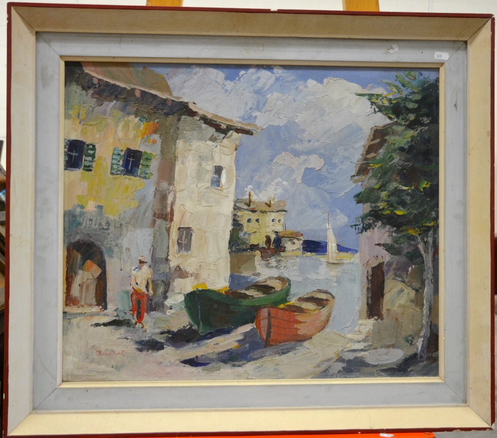 Bouchet - Down to the harbour, oil on canvas, signed lower left, 50 x 60 cm to/w Manner of Carel - Image 2 of 6