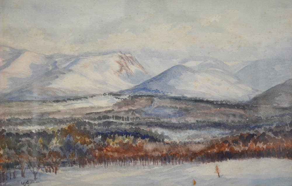 W. Gillies - Snow in the Cairngorms, watercolour, signed lower right, 34 x 52 cm