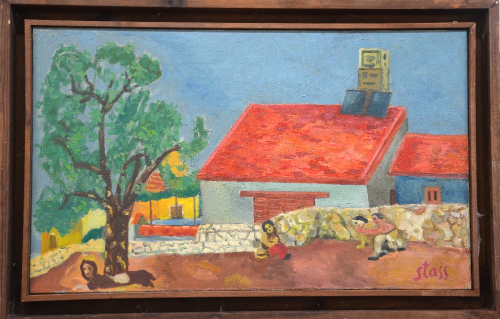 Manner of Stass - Red roofed house, oil on canvas, bears signature lower right, bearing - Image 2 of 4