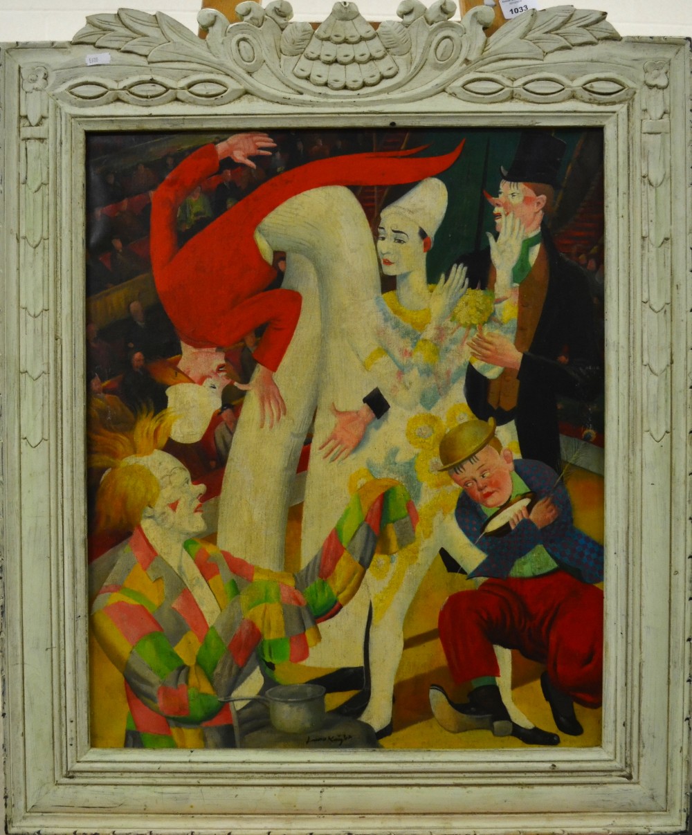 Manner of Laura Knight - The big top, clown, stilt walker etc, oil on canvas, bears signature - Image 2 of 4