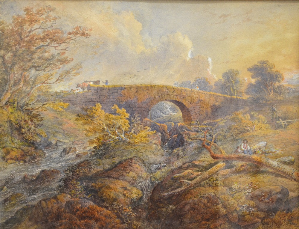 Various watercolours - English school - An extensive view  with stone bridge and figures, - Image 6 of 21