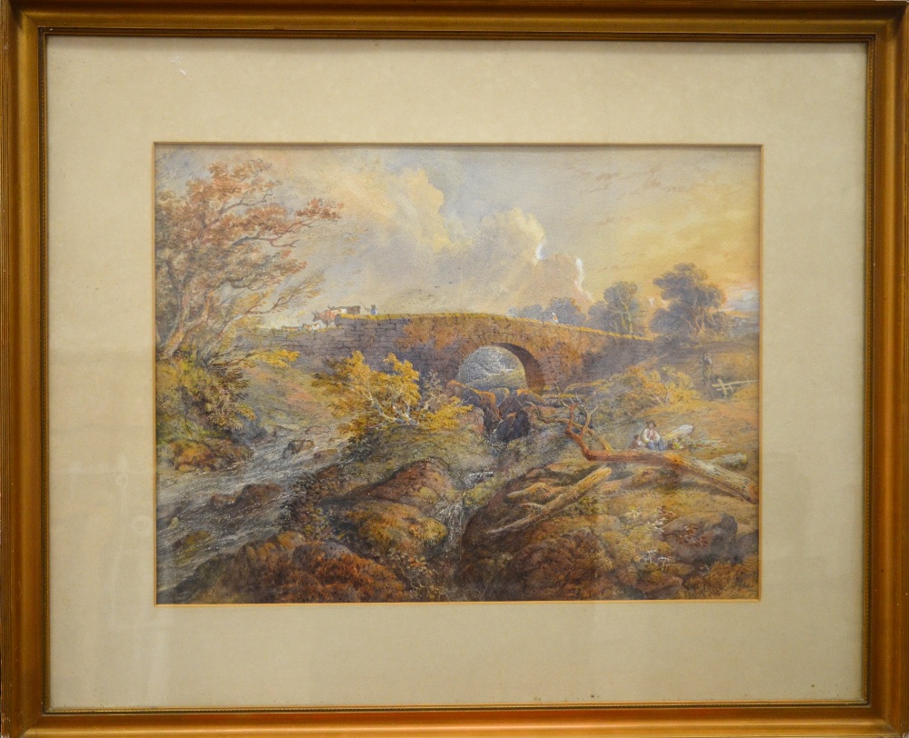 Various watercolours - English school - An extensive view  with stone bridge and figures, - Image 5 of 21