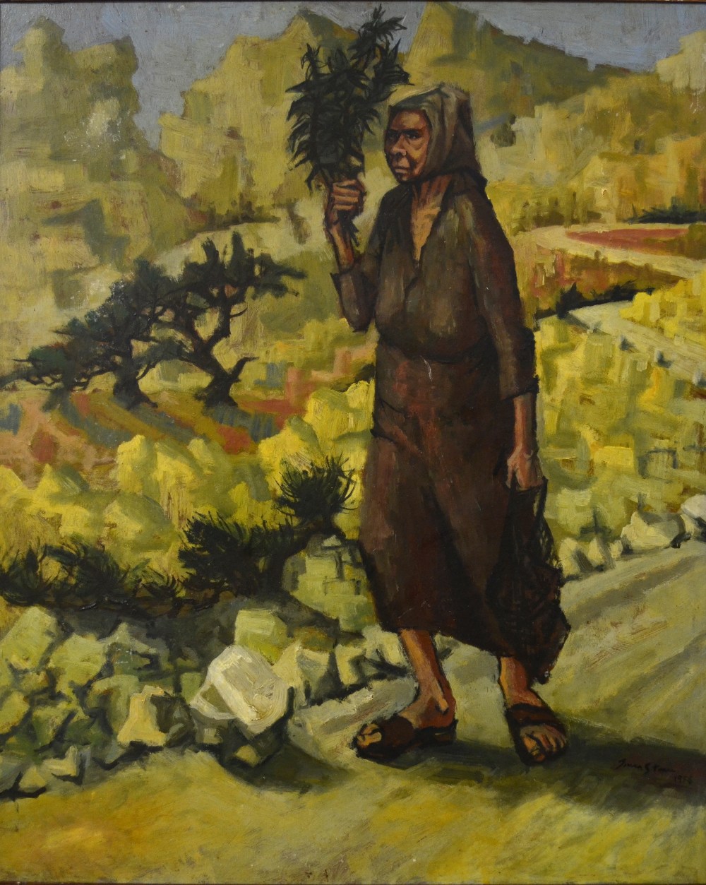 Manner of Irma Stern - Female figure carrying foliage, on a rocky track, oil on board, bears