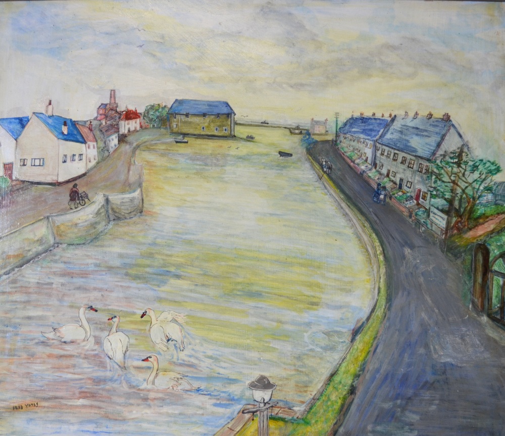 Manner of Fred Yates - A harbour view with cottages and swans, oil on board, bears signature lower