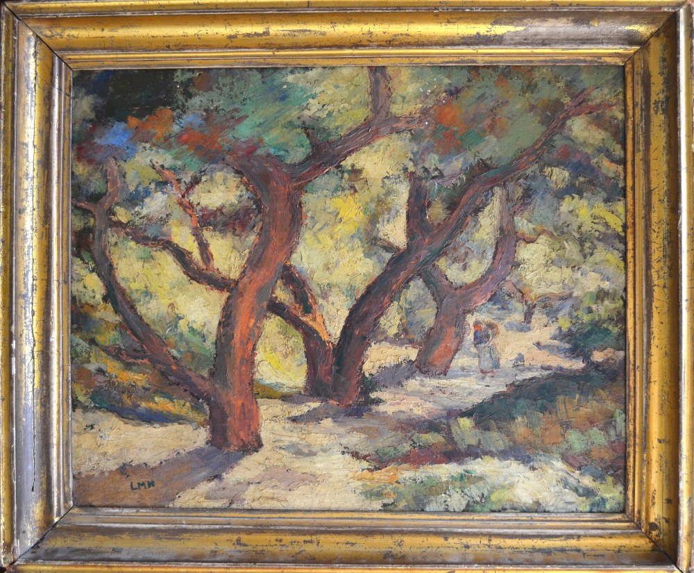 L.M. Hamilton - Figure beneath trees, oil on canvas, signed with initials lower left, 42 x 52 cm - Image 2 of 4