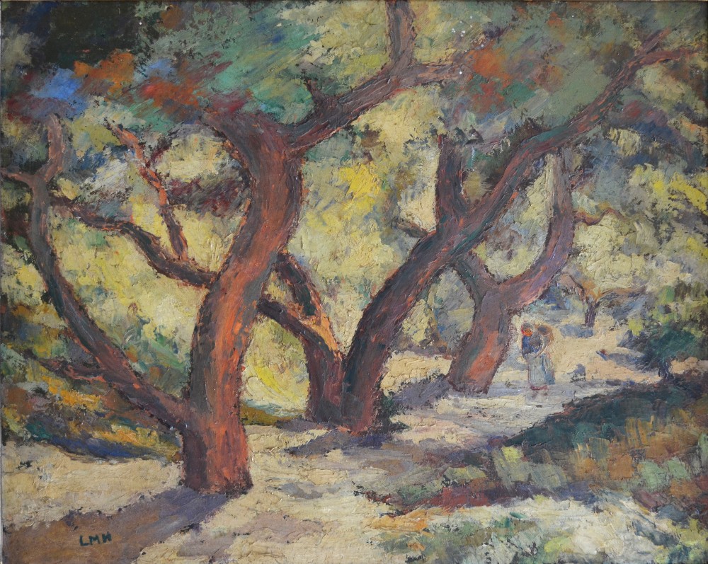 L.M. Hamilton - Figure beneath trees, oil on canvas, signed with initials lower left, 42 x 52 cm