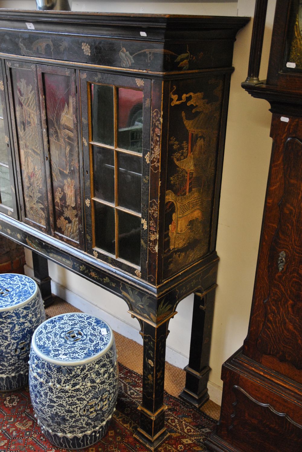 A 19th century Chinese black lacqured cabinet decorated overall with gilt and poychrome, the moulded - Image 7 of 8