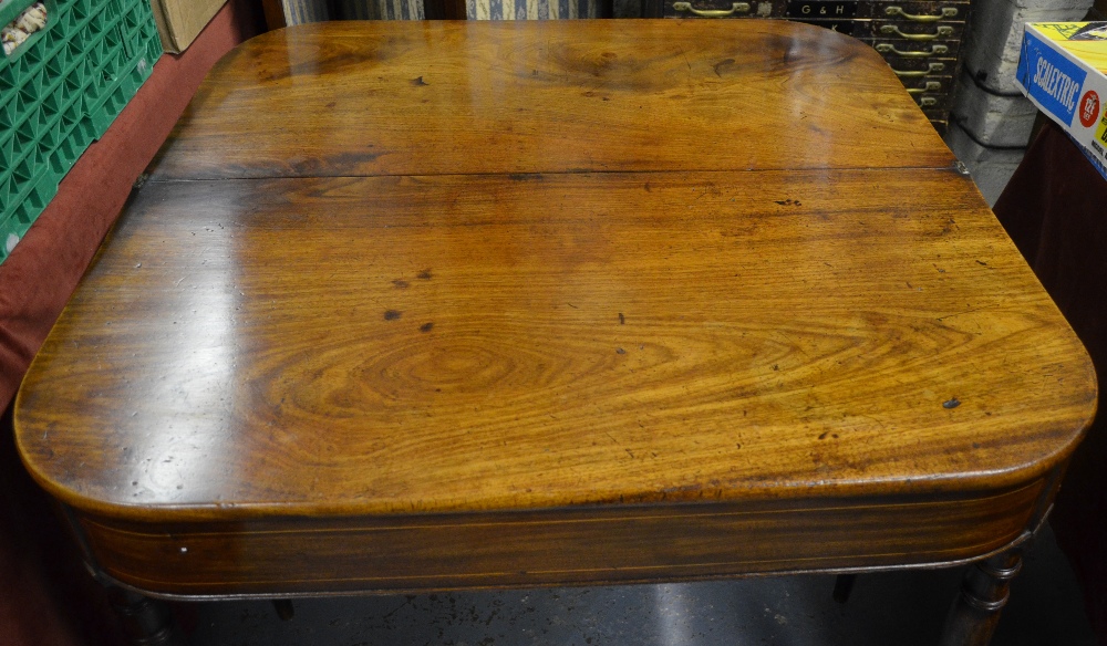 Victorian mahogany demi-lune fold-over tea table, raised on fine turned supports - Image 2 of 2