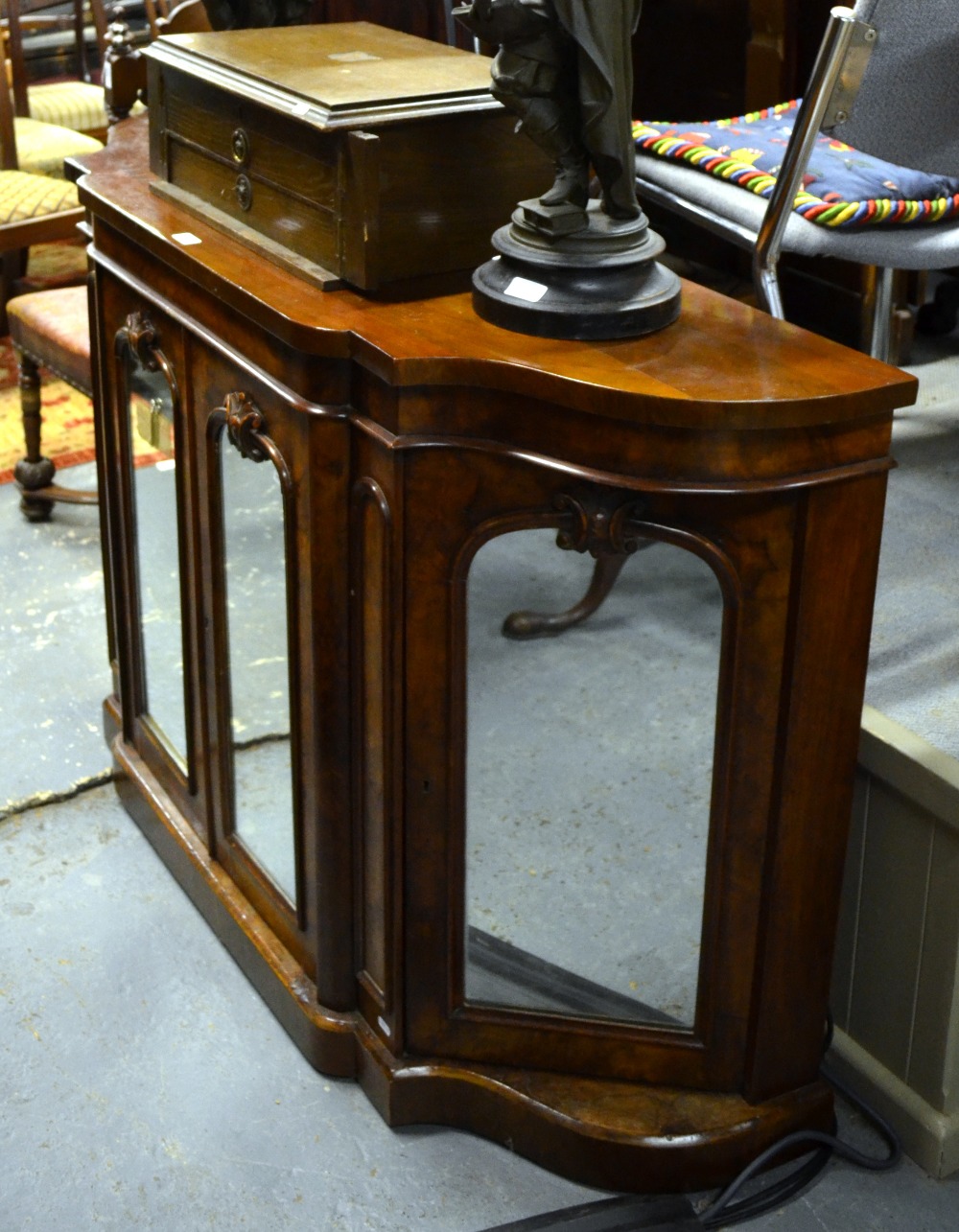 Victorian burr walnut serpentine form credenza having four arched mirror panelled doors, raised on a - Image 2 of 2