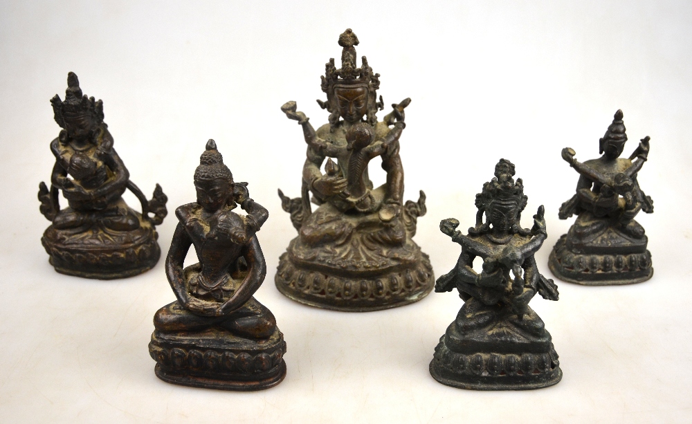 Five South East Asian bronze Buddhist figures, each in embrace with his Sakti, 18/19th century,