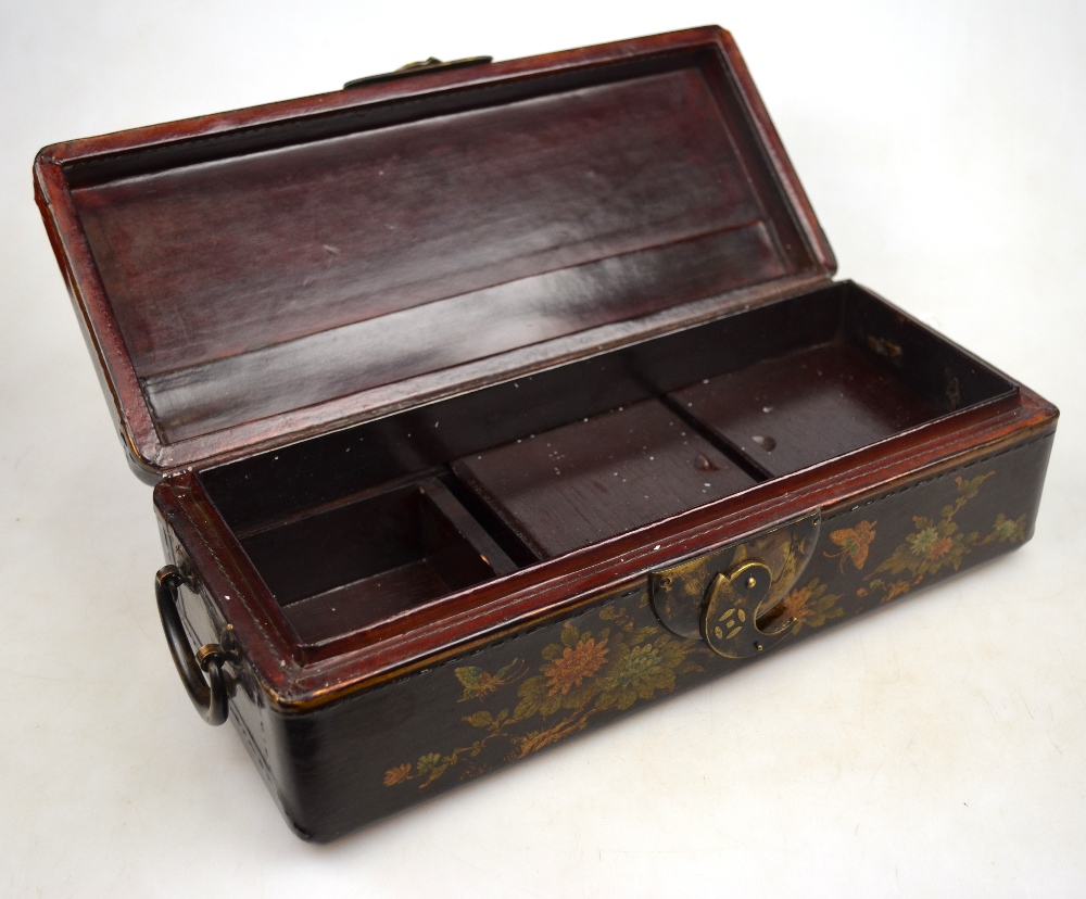 A Chinese 20th century black lacquer jewellery box, the pillow shaped hinged cover decorated with - Image 3 of 4