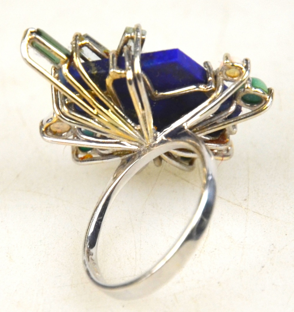 A contemporary style ring set with lapis lazuli, four baguette diamonds, tourmaline, opal and - Image 2 of 3