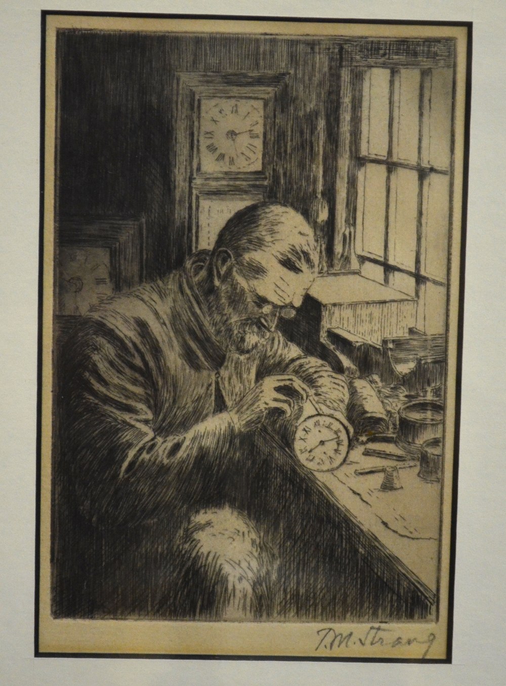 T.M. Strang - The clock maker, etching, pencil signed to margin lower right, 15 x 11 cm to/w