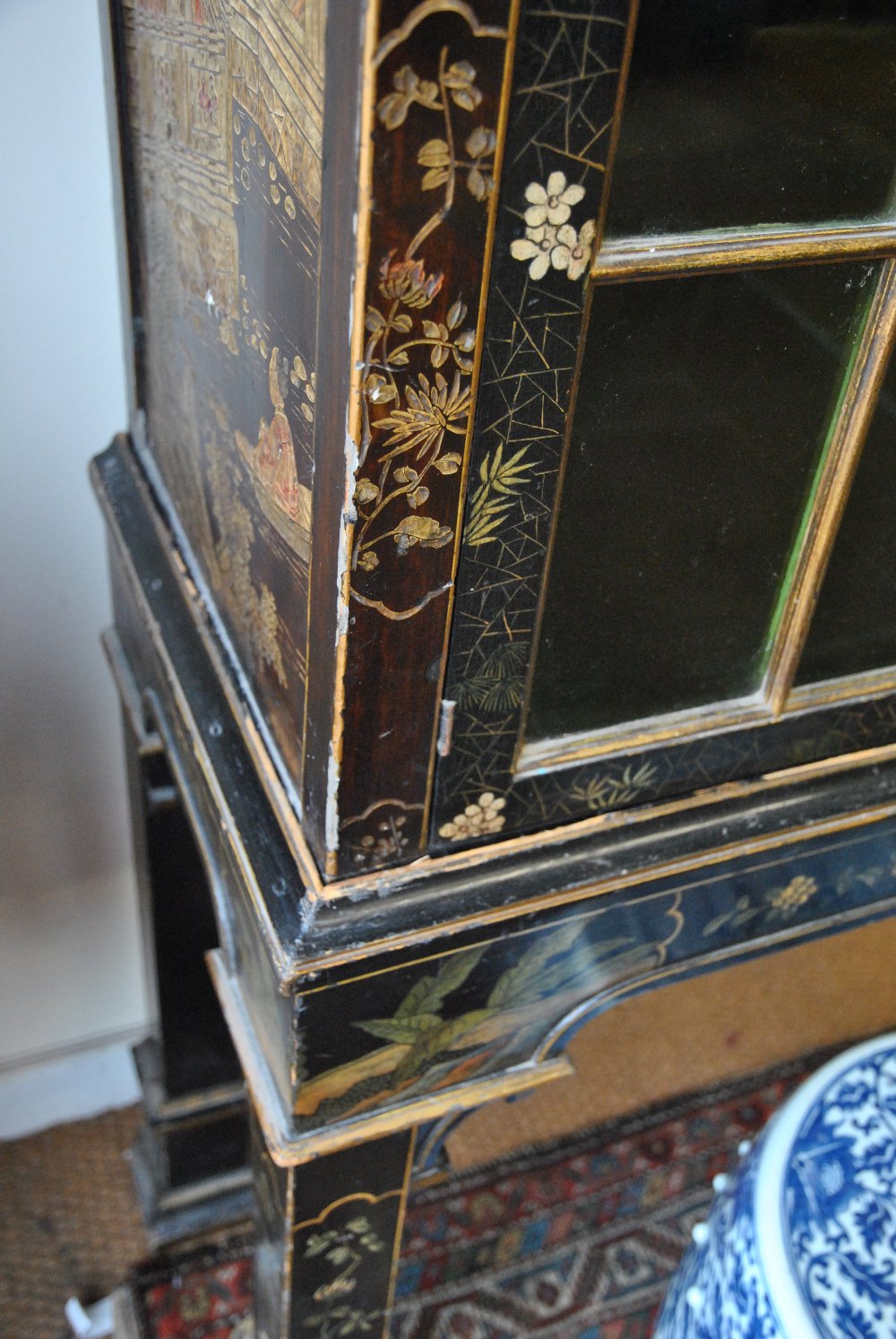 A 19th century Chinese black lacqured cabinet decorated overall with gilt and poychrome, the moulded - Image 4 of 8