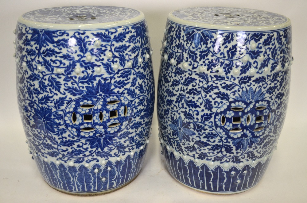 A Chinese matched pair of blue & white barrel shaped porcelain seats, 19th century, having