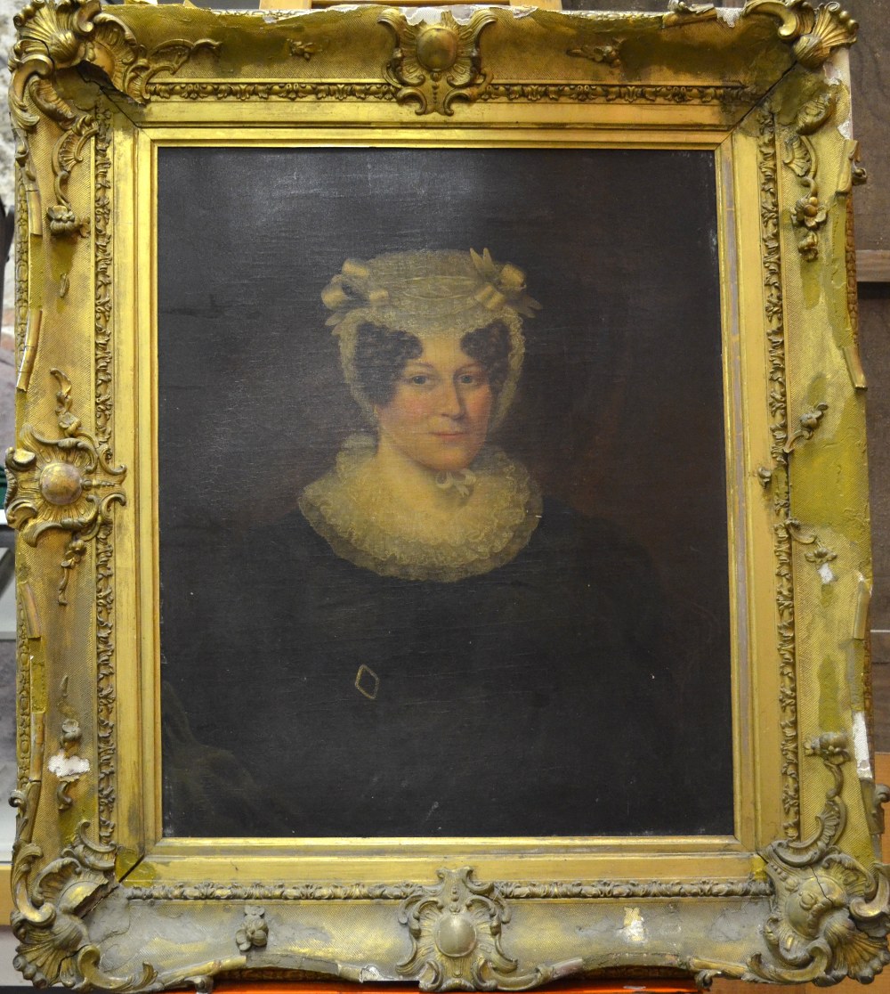 19th century English school - Portrait of a lady in a lace bonnet, oil on canvas, 70 x 59 cm - Image 2 of 3