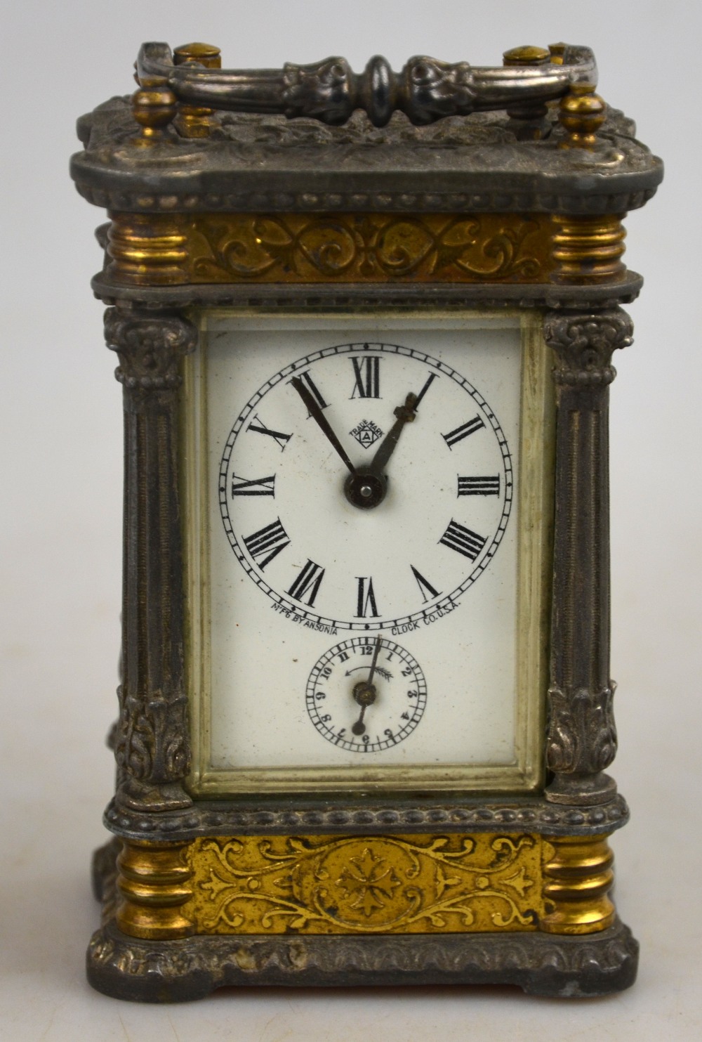 A 19th century American Ansonia Clock Co. parcel gilt spelter carriage clock with enamelled dial, 14 - Image 3 of 4