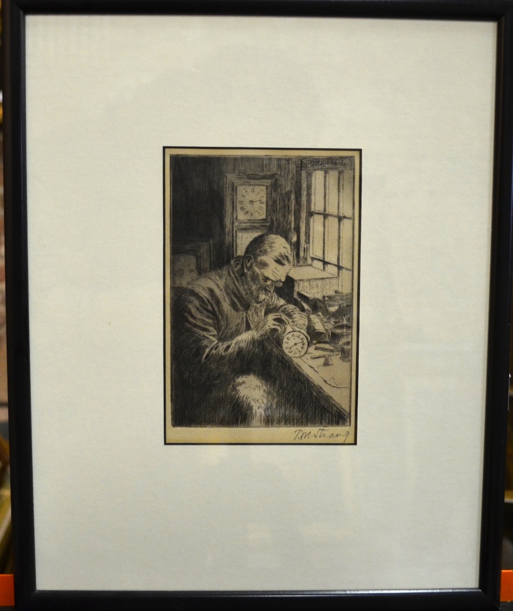 T.M. Strang - The clock maker, etching, pencil signed to margin lower right, 15 x 11 cm to/w - Image 2 of 4