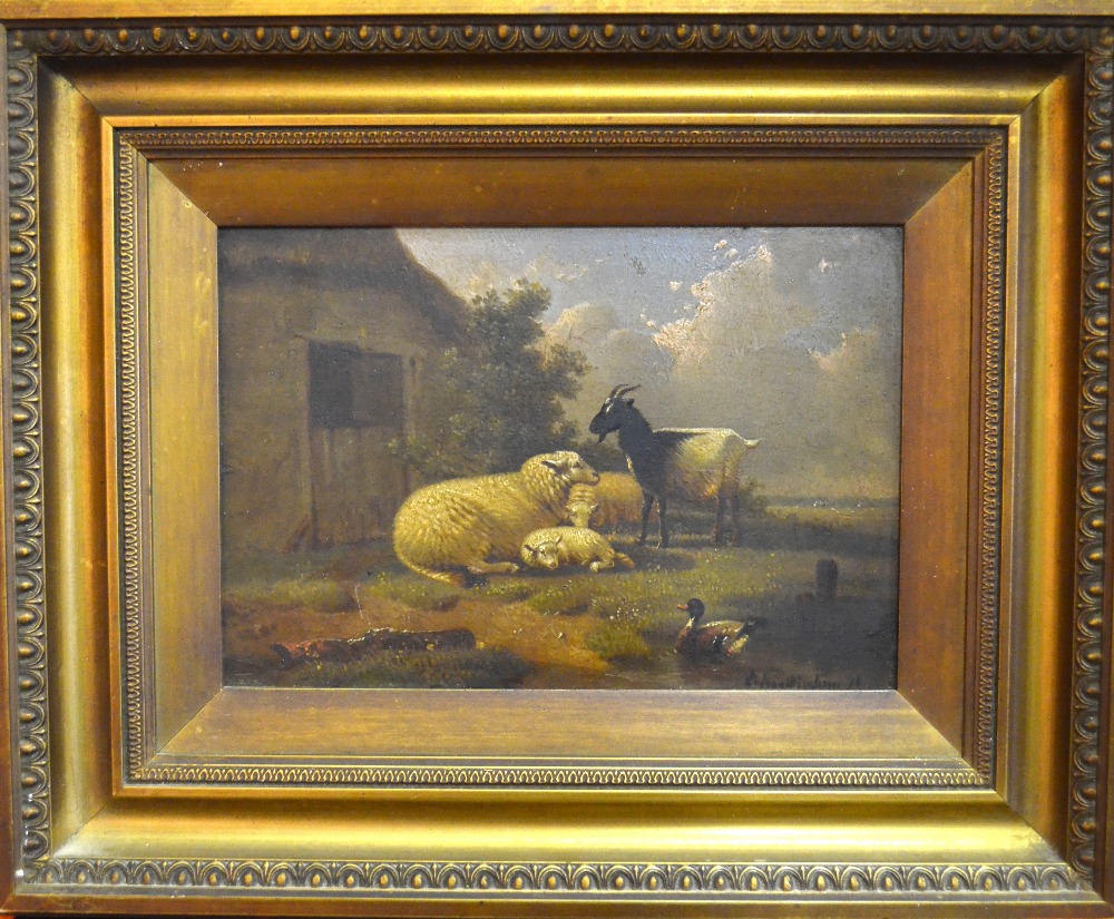 English school - A farmyard scene with sheep, goat and duck, oil on panel, signed and dated '78 - Image 2 of 4