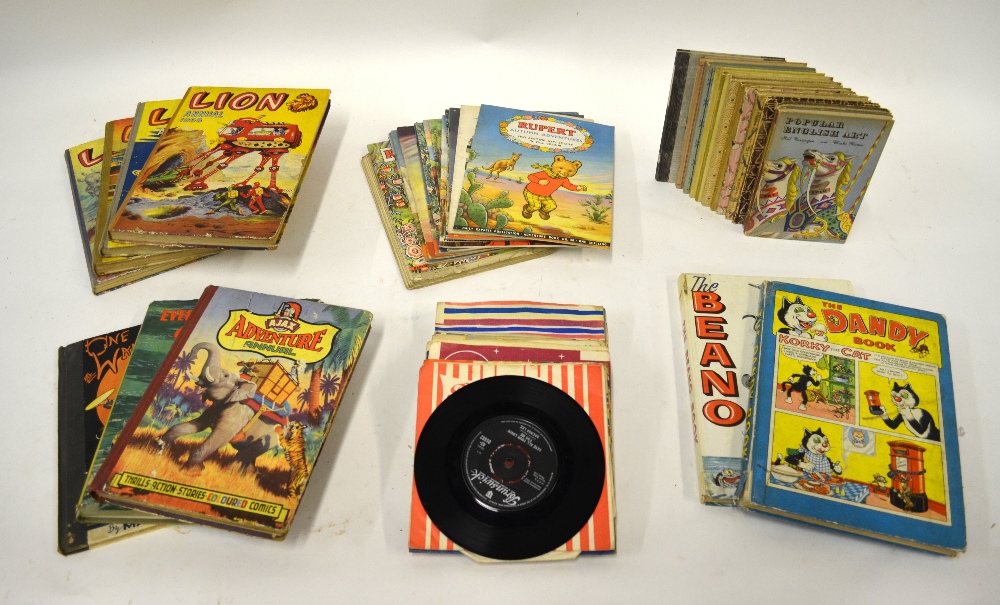 A quantity of vintage children's annuals and volumes, to/w a small quantity of ep records (box)