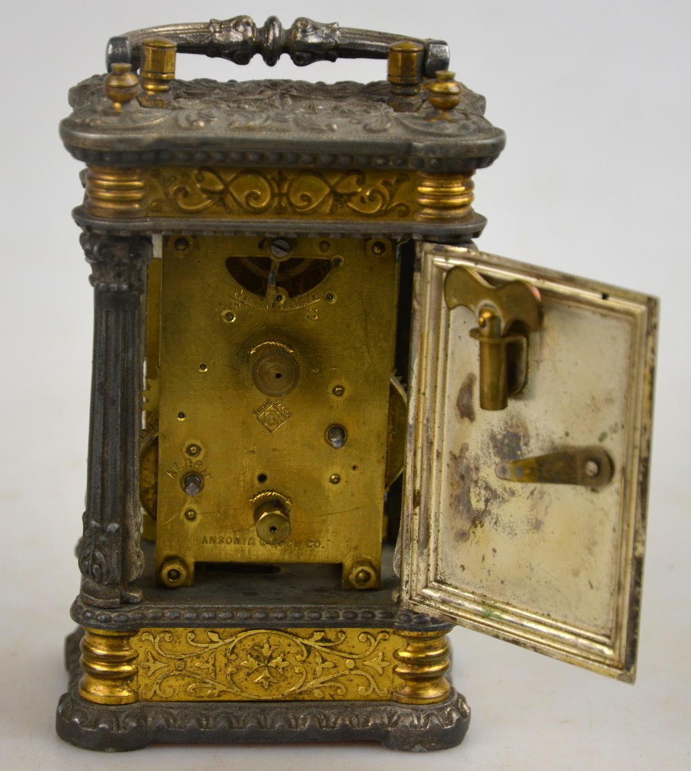 A 19th century American Ansonia Clock Co. parcel gilt spelter carriage clock with enamelled dial, 14 - Image 4 of 4