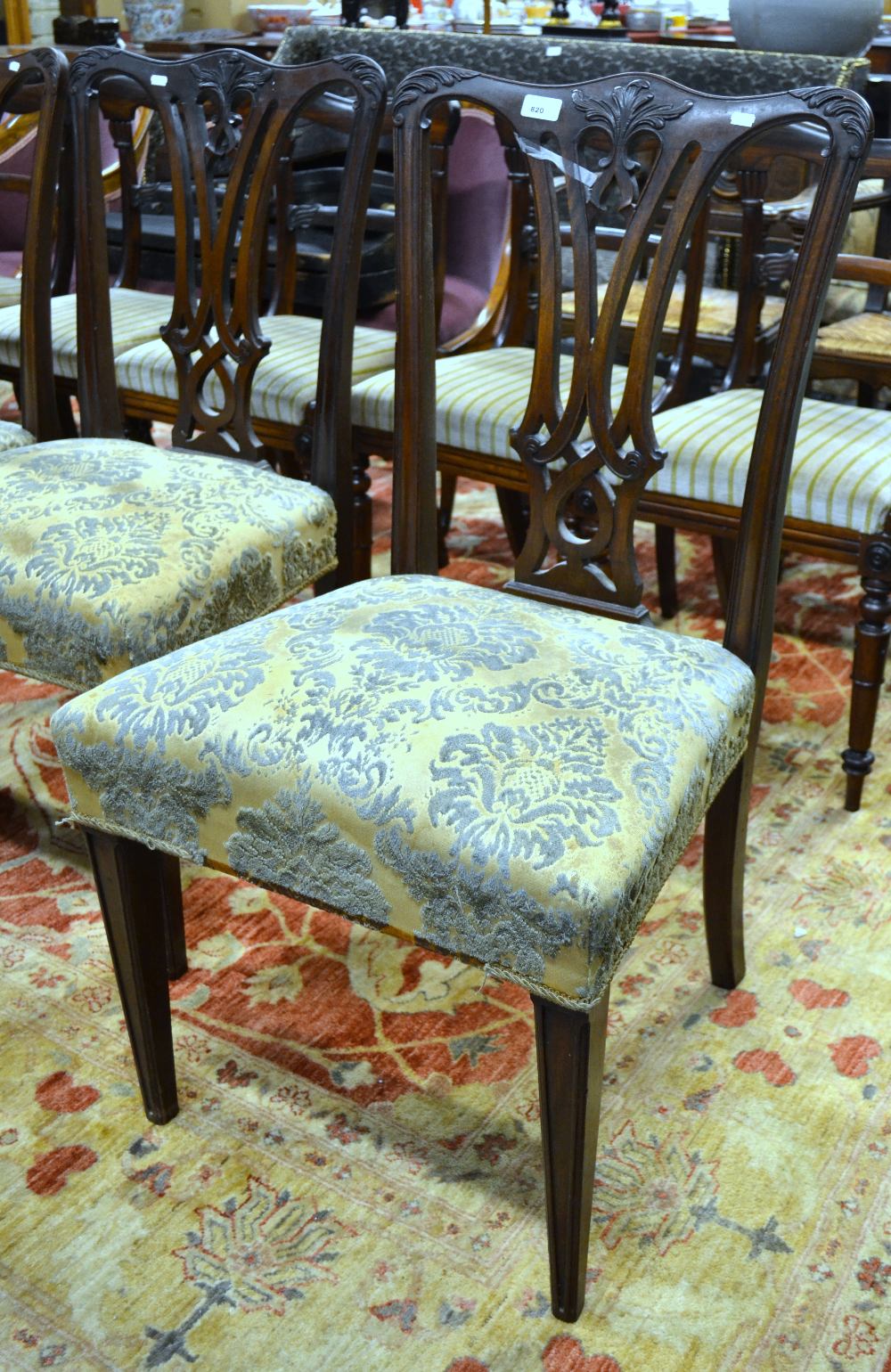 A harlequin set of six 19th century Chippendale dining chairs having moulded and pierced vertical - Image 2 of 2