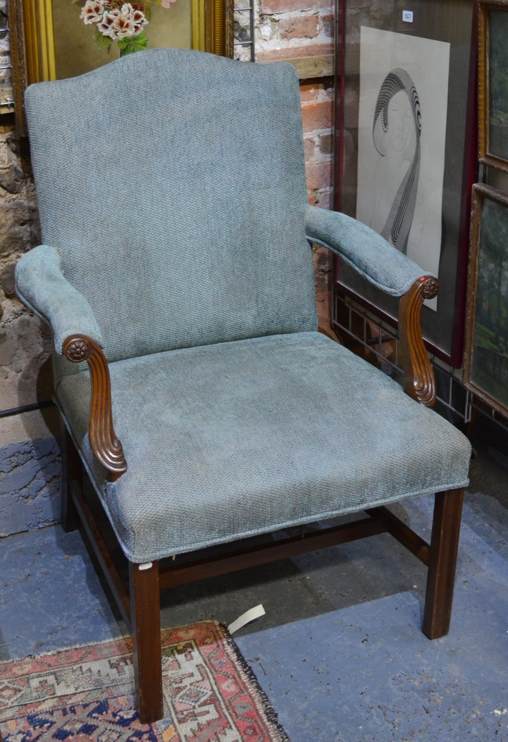 A pair of Gainsborough styled pale green upholstered mahogany framed open armchairs (2) - Image 2 of 2