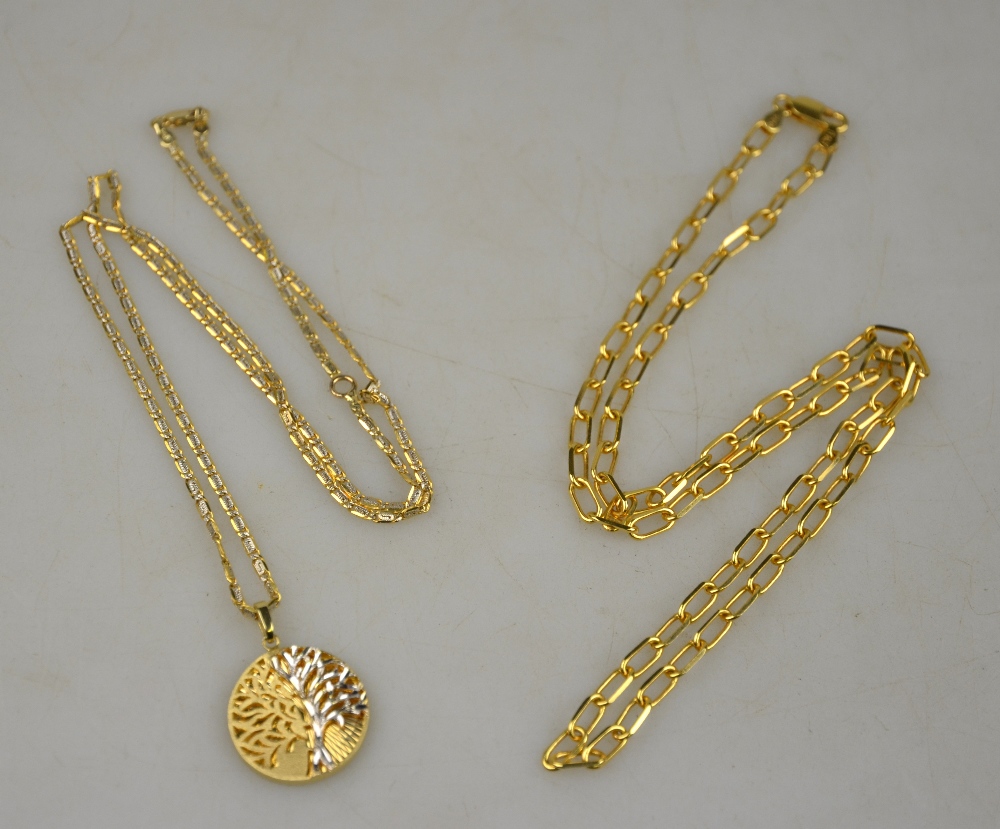 A yellow metal linked necklace stamped 585, 14k, approx 13 g to/w two coloured gold pendants on