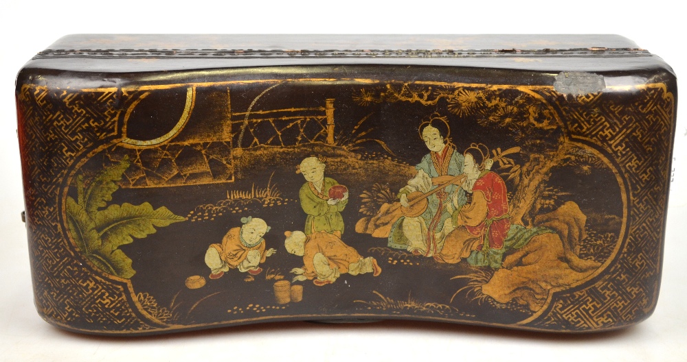 A Chinese 20th century black lacquer jewellery box, the pillow shaped hinged cover decorated with - Image 4 of 4