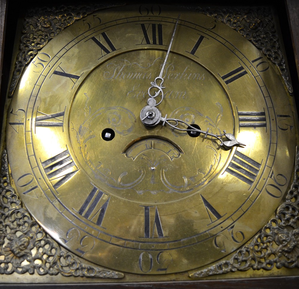 Thomas Perkins, Evesham, an 18th century oak eight-day longcase clock, the 29 cm square brass dial