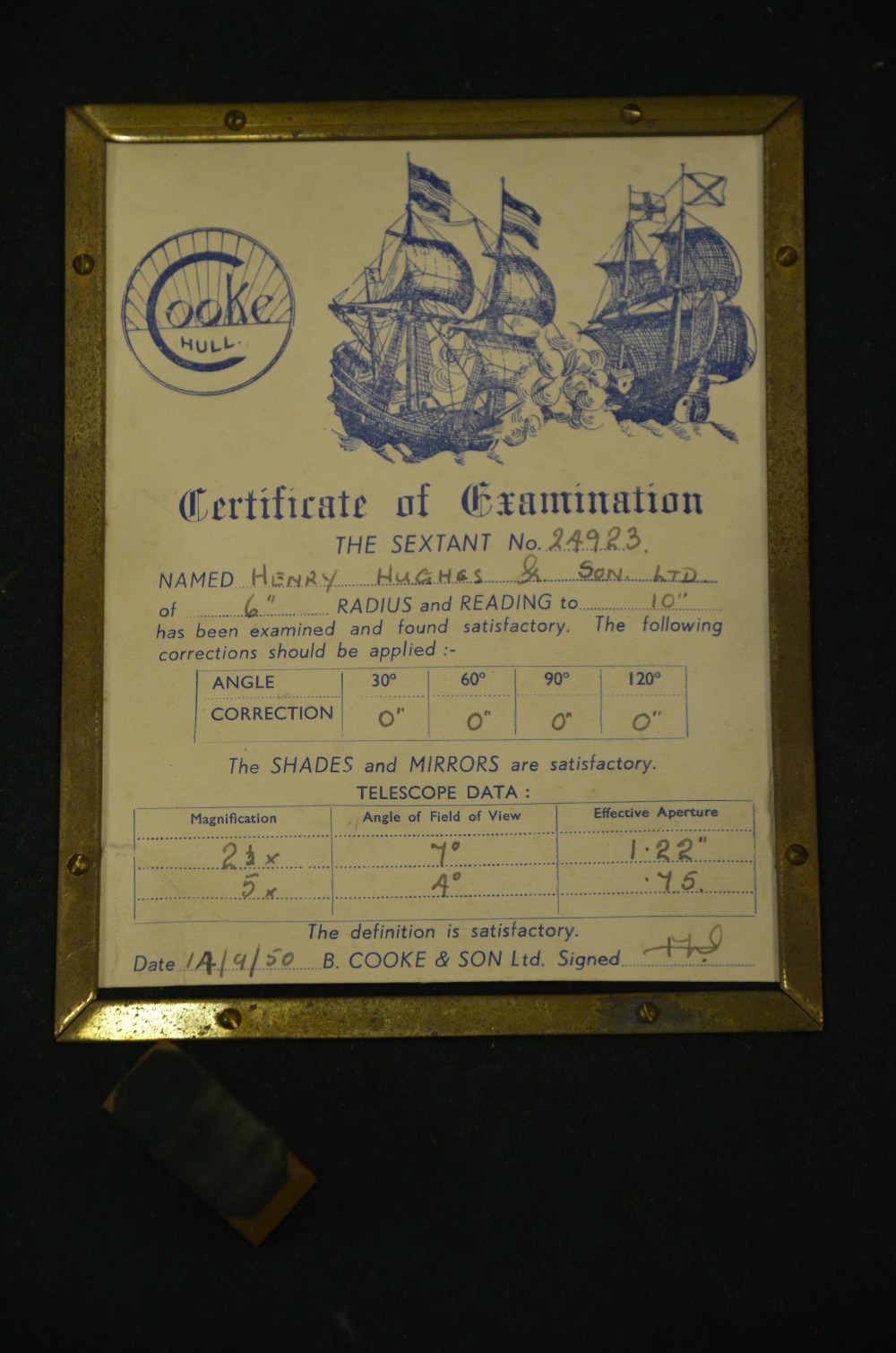 A post war sextant No. 24923 by B. Cooke & Son Ltd, Hull in fitted wooden case c/w certificate of - Image 3 of 3